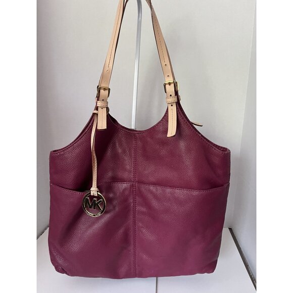 Michael Kors Handbags - Michael Kors Burgundy Leather Tote Bag With Logo Charm & Adjustable Straps